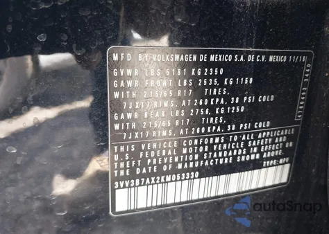 2019 Volkswagen Tiguan 2.0T Se/2.0T Sel/2.0T Sel R-Line/2.0T Sel R-Line Black from USA, damaged, VIN 3VV3B7AX2KM053330